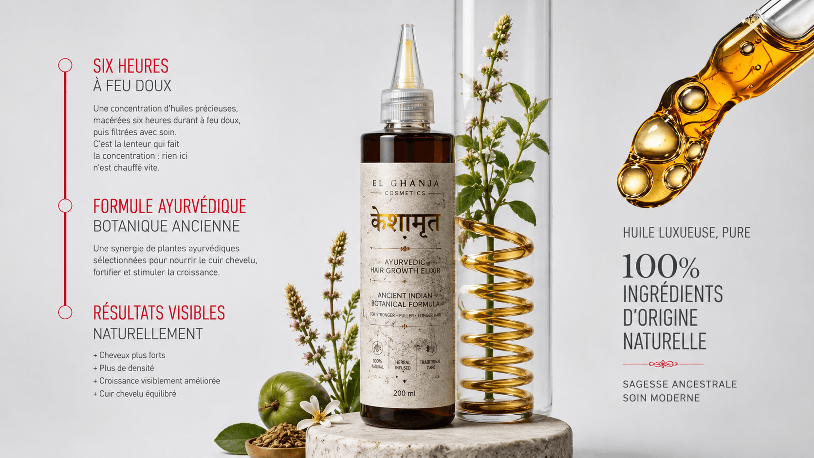 Flacon de l'huile indienne El Ghanja avec, à gauche, la chronologie du rituel (six heures à feu doux, formule ayurvédique, résultats visibles) et à droite la promesse d'une huile 100% d'origine naturelle