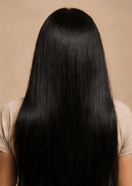 Après quatre mois de cure : même longueur, cheveux lisses et brillants, pointes denses